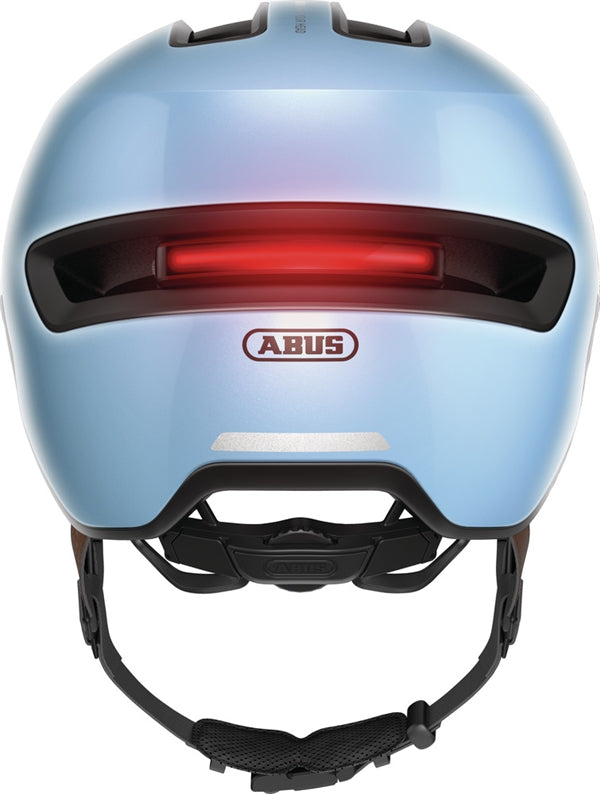 Abus Hud-Y Iced Blue. Lyseblå cykelhjelm med LED til hestehale