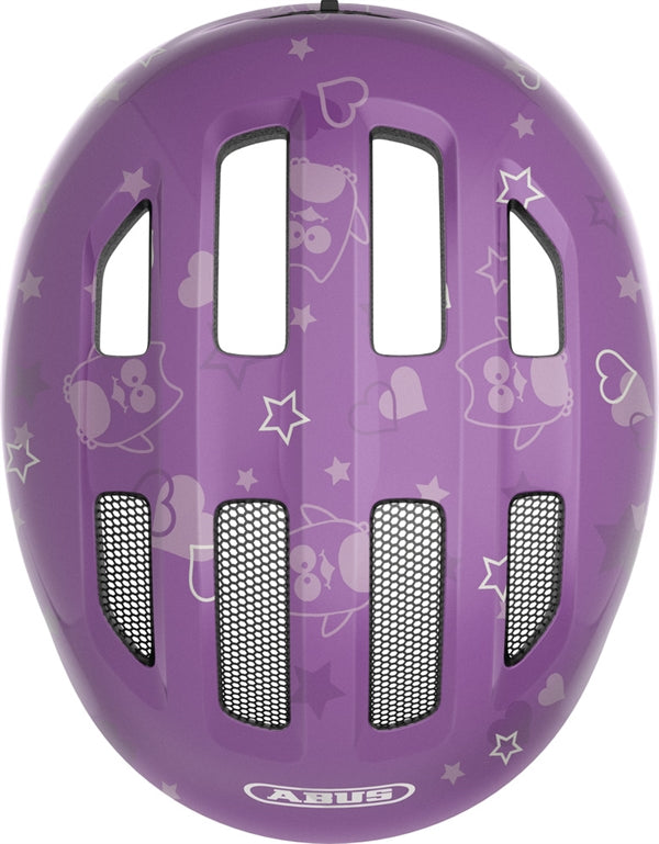 Abus Smiley 3.0 Purple Star. Lilla cykelhjelm til barn og baby med ugler og stjerner