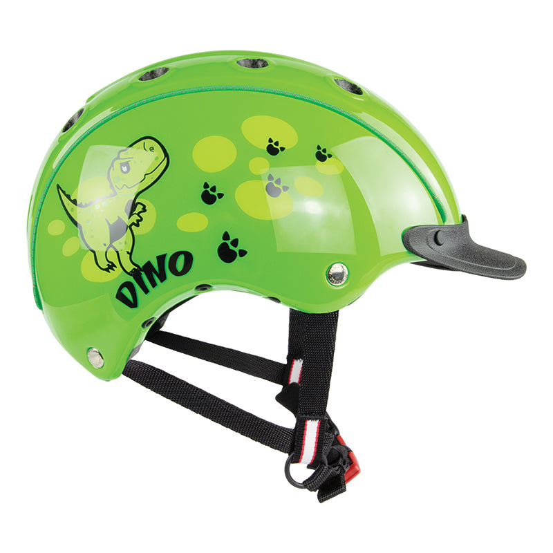 Casco Mini 2 Dino Venture Anbefalet Stiftung Warentest. Lysegrøn cykelhjelm med dinosauer